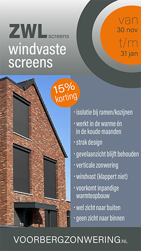 ZWL screens actie bij Voorberg Zonwering BV. 15% korting op windvaste & isolerende screens in december 2024 en januari 2025! Breng een bezoek aan onze showroom in Maassluis. Voorberg Zonwering BV Wagenstraat 27-29 3142 CR Maassluis T: 010 - 592 29 76