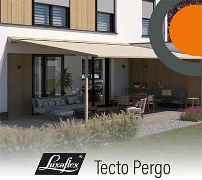 Luxaflex Tecto Pergo textieldak, pergola zonwering, textiele overkapping, cabrio overkapping