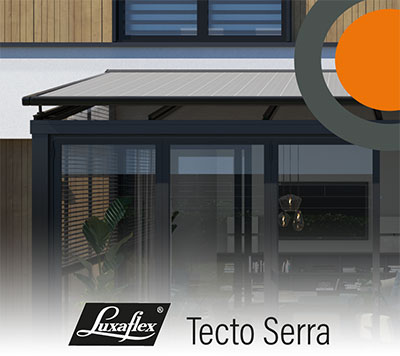 Luxaflex Tecto Serra, serrezonwering pergola zonwering, textiele overkapping voor bestaande pergola/veranda/serre, cabrio overkapping voor bestaande pergola/veranda/serre, windstabiel, voor grote terrassen in windrijke gebieden.