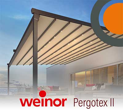 Weinor Pergotex II vouwdak, pergola zonwering, textiele overkapping, cabrio overkapping, waterdicht, windstabiel, voor grote terrassen in windrijke gebieden, voor horeca terrassen