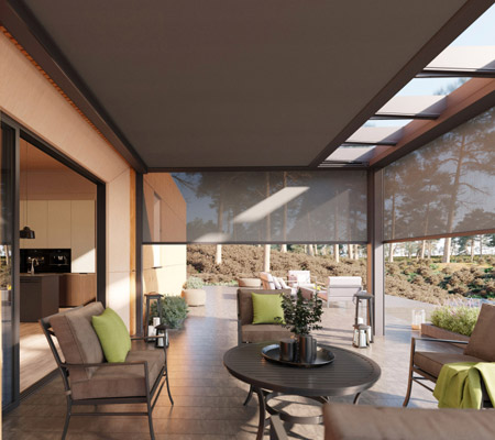 Brustor B800 terrasoverkapping met glasdak, ondergemonteerde serrezonwering en windvaste screens Brustor B800 terrasoverkapping met glasdak, ondergemonteerde serrezonwering en windvaste screens. Voorberg Zonwering BV Wagenstraat 27-29 3142 CR Maassluis